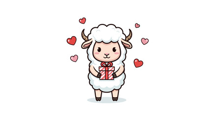 Obraz premium Cartoon Sheep Holding Gift Box with Hearts.