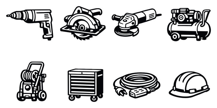 Tool rental workshop inventory in linear style: power drill, circular saw, angle grinder, air compressor, pressure washer, tool chest. Vector icons