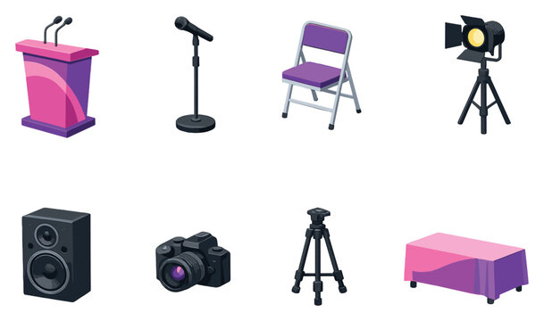 International Womens Day event setup equipment in isometric flat style: podium, stage microphone, folding chair, spotlight lamp, speaker box, camera, tripod. Vector icons