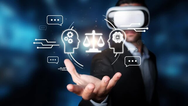 Professional in VR headset exploring virtual justice concepts with scales, AI symbols, and thought bubbles representing technology and ethics in law Gluon.