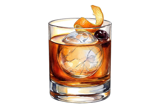watercolor old-fashioned cocktail with an ice sphere and garnish, isolated illustration
