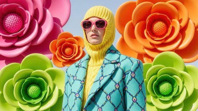 An avant-garde model in a bright yellow balaclava, pink sunglasses, and a patterned teal coat poses amidst oversized, vibrant 3d floral sculptures, exuding a whimsical maximalist fashion aesthetic.