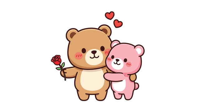 Cartoon Bears Hugging with Rose.