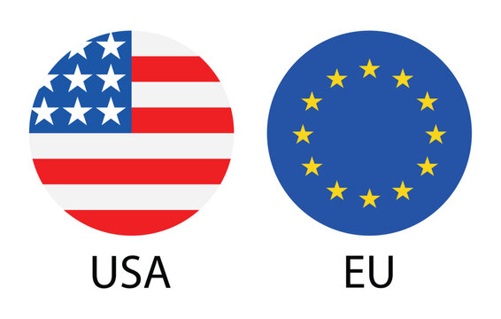 usa and european union flags shown as round flat vector icons with country abbreviations isolated on white background