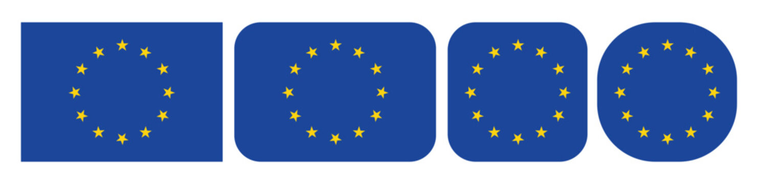european union flag icon set shown in rounded rectangle and circular shapes with yellow stars flat vector collection