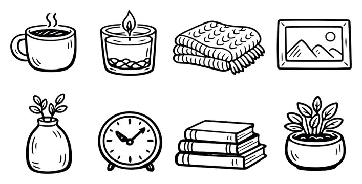 Cozy modern home accents in doodle style: ceramic mug, scented candle, knit blanket, photo frame, decorative vase, table clock, book stack. Vector icons