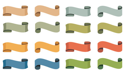 Obraz premium Collection of sixteen colorful vintage ribbon banners and scrolls for text and labels, decorative elements for design and decoration, isolated on white background