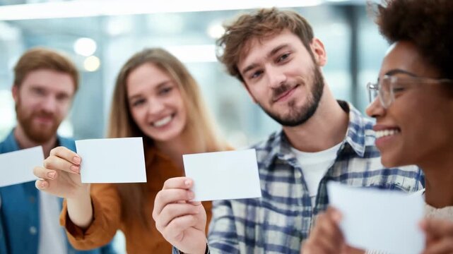 Adult beginners engage in a vocabulary flashcard activity holding cards up close with an intentionally blurred background emphasizing their focused expressions.