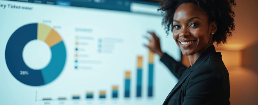 Black woman in suit points to pie chart and bar graph on large screen. She presents business data analysis and key performance indicators, showing company growth.