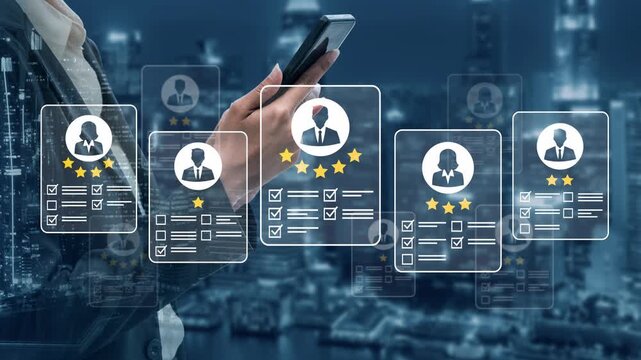 Business Professional Reviewing Virtual Profiles on Smartphone Over Cityscape Background with Digital Information and Ratings Concept Gluon.