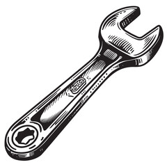 Obraz premium Detailed vintage-style hand-drawn engraving of a polished chrome combination wrench, isolated on a white background, perfect for DIY, mechanics, and repair projects