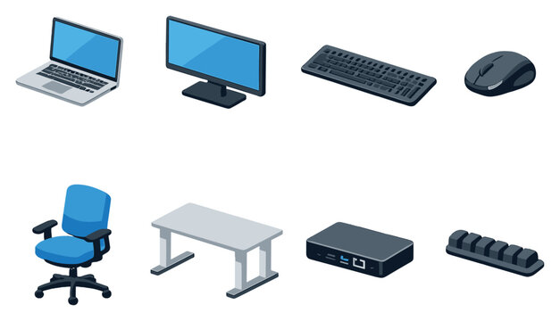 Professional workstation setup in isometric flat style: laptop, external monitor, keyboard, mouse, docking station, office chair, desk, cable organizer. Vector icons