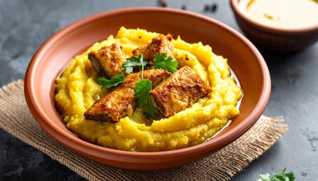 Assamese Aloo Pitika with Fish. Traditional Indian Food