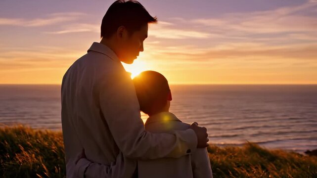 Asian father and son embrace while watching sunset over ocean from grassy hilltop