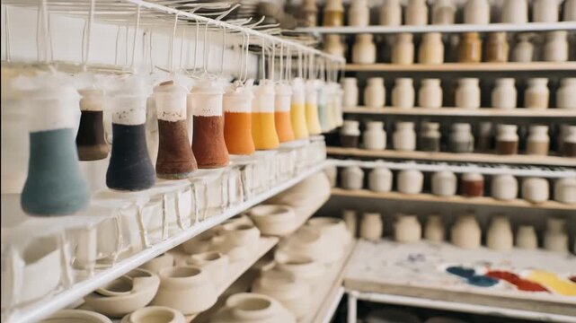 Focused view of test tiles hanging on a drying rack surrounded by shelves of bisque ceramics and a palette of varied glaze samples in soft background blur.