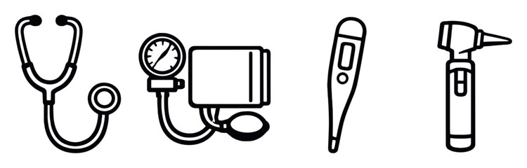 Clinical diagnostic instruments in linear style: stethoscope, blood pressure cuff, thermometer, otoscope. Vector icons