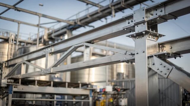 Daytime medium shot capturing sleek metal structural framework of a gin plant central beams sharp with blurred conveyors and storage facilities behind.