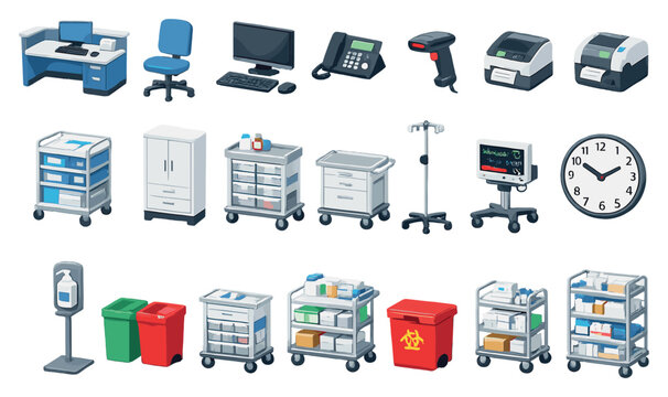Healthcare management hospital operations equipment in isometric flat style: nurse station desk, rolling office chair, desktop computer, monitor, keyboard. Vector icons
