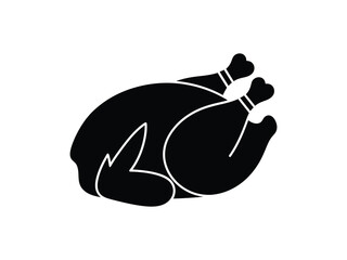 Fototapeta premium Stylized black silhouette of a roasted whole chicken or turkey on a platter, vector illustration for food and holidays.