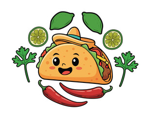 Funny Taco Mascot Character with Mexican Ingredients Chili Peppers, Coriander and Lime - Mexican Food Character Vector