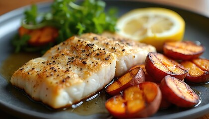 Broiled white fish fillets seasoned with pepper served with grilled fruit slices lemon wedge and green salad. Delicious healthy seafood meal on dark plate.