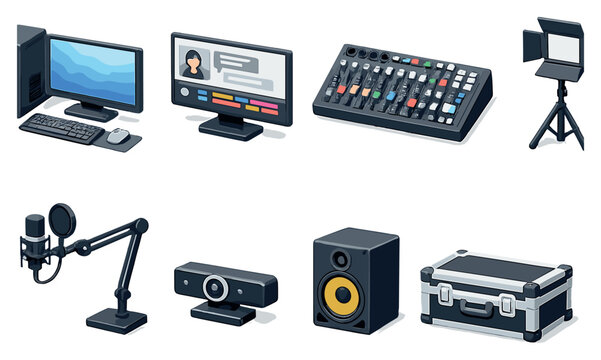 Online presence home studio equipment in isometric flat style: desktop computer, monitor screen, audio mixer, studio light, microphone stand, webcam, speaker. Vector icons