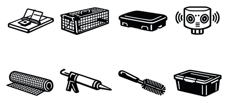Rodent control devices in linear style: snap trap, live trap cage, bait box, ultrasonic repeller, metal mesh, sealant tube, wire brush. Vector icons