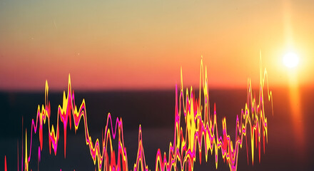 Vibrant sunset over cityscape with abstract light trails