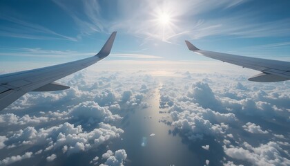 Obraz premium View from an airplane window above soft white clouds with sunlight shining through, capturing the beauty of air travel, freedom, adventure, and a peaceful journey across the sky and horizon