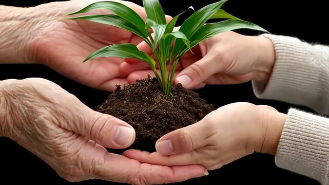Hands of different generations holding a small plant in soil together in a close-up shot indoors