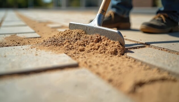 Worker uses rake tool filling gaps between new concrete pavers with sand. Man installs paving stones for garden path construction. Sand grouting fills seams of textured floor tiling.