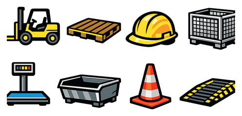 Recycling center operations tools in bold style: forklift, pallet, safety helmet, steel cage, weighing scale, metal bin, warning cone, loading ramp. Vector icons