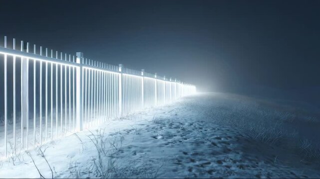 Snowy landscape with illuminated fence under night sky  
