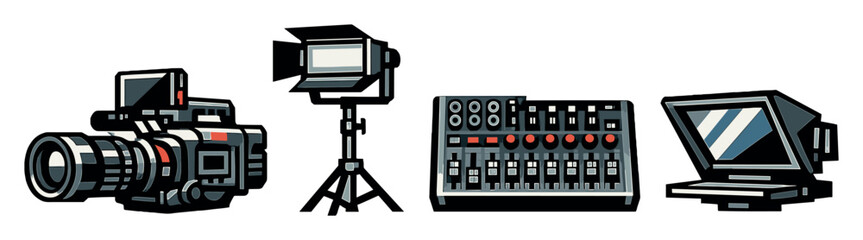 Professional video production equipment in bold style: cinema camera, lighting stand, audio mixer, teleprompter. Vector icons