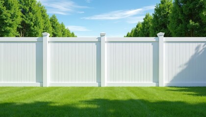 Fototapeta premium White vinyl fence borders a green lawn under a blue sky with clouds. Tall trees line the background providing shade and privacy. Clean backyard space.
