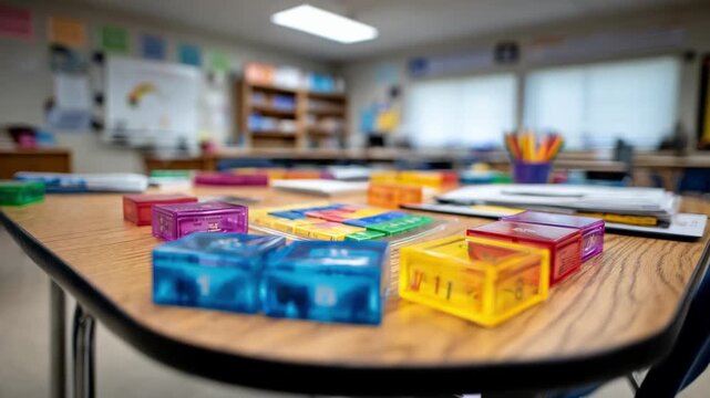 Clear view of a math workshop table featuring bright colored fraction tiles in focus with geometry station materials softly out of focus nearby.