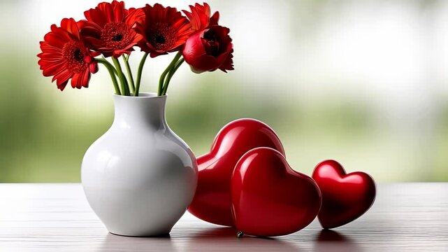 Flowers in a vase and red hearts on the table create a simple decoration for a gathering or celebration in a bright setting