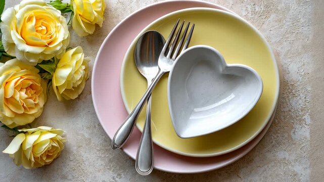 Setting a table with colored plates and heart-shaped dish, arranged with silver cutlery and yellow roses nearby during daylight