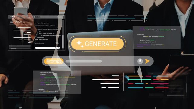 Business professionals collaborating on coding project with laptop, digital interface, and programming elements displayed in modern workspace environment Gluon.