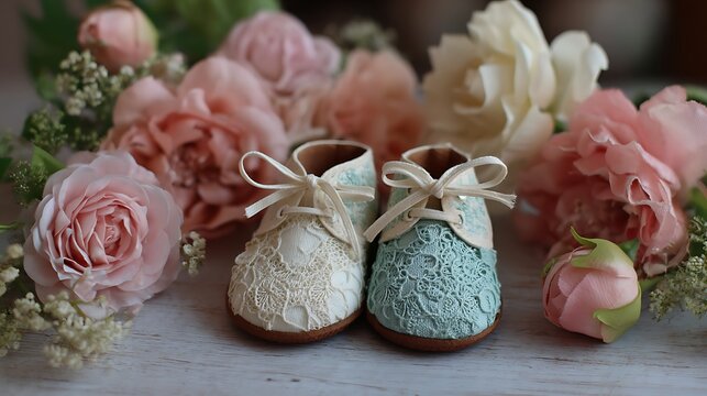 Adorable vintage baby shoes surrounded by beautiful flowers in pastel shades on a wooden surface