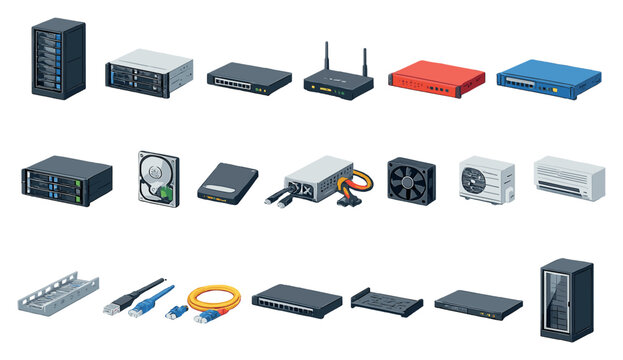 Cloud ecosystem data center hardware in isometric flat style: server rack, blade server, network switch, router, firewall appliance, load balancer appliance. Vector icons