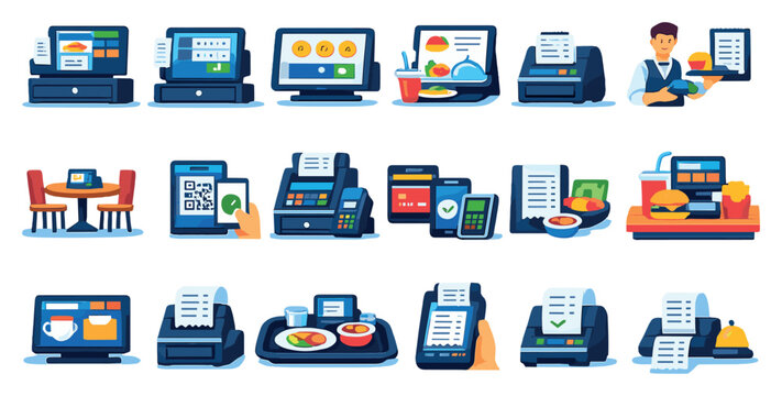 Cash Registers for Hospitality in flat style: restaurant POS, bill calculation, tip input, customer order, kitchen receipt, waiter register, table order display. Vector icons