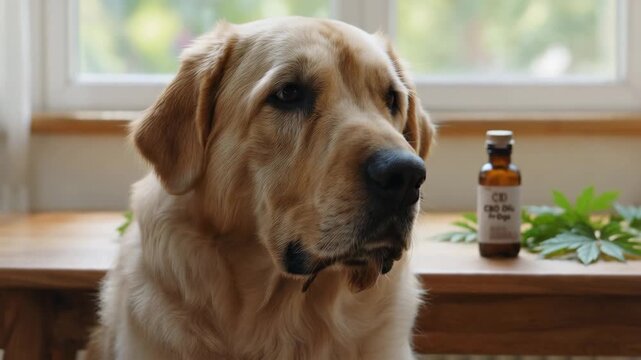 Calm adult dog resting near window with hemp leaves and unlabeled oil bottle on wooden table