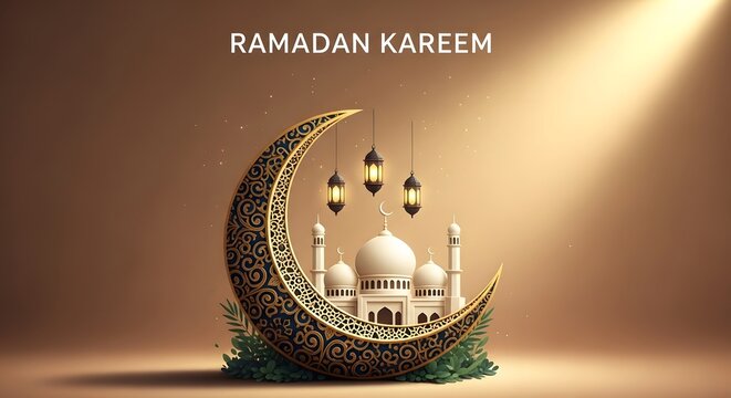 Ramadan kareem greetings with mosque and crescent moon illustration