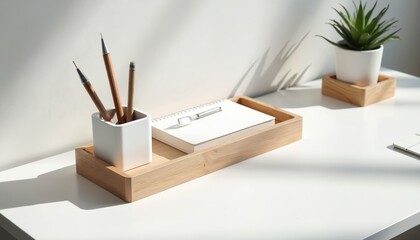 Obraz premium Minimalist desk setup with wooden tray organizer holding white pen cup, notepad, and pencils. A green plant in white pot sits nearby. Sunlight creates shadows on the white surface.