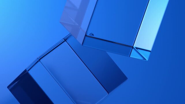 Abstract glass cubes rotating on blue background, 4k seamless loop 3d animation
