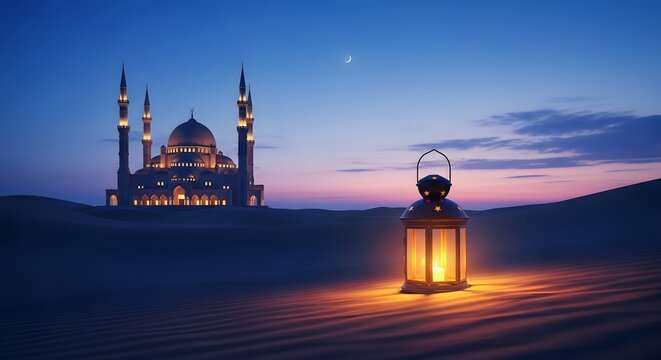 Ramadan nights a serene mosque scene with lantern at dusk symbolizing fasting and spirituality