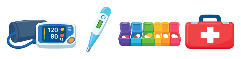 Obraz premium Home healthcare medical essentials in flat style: blood pressure monitor, thermometer, pill organizer, first aid kit. Vector icons