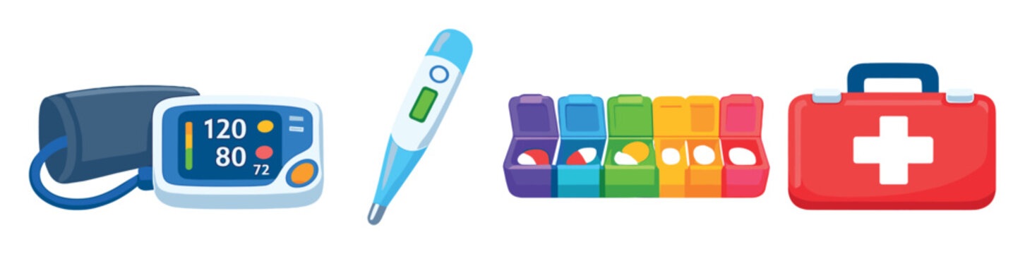 Home healthcare medical essentials in flat style: blood pressure monitor, thermometer, pill organizer, first aid kit. Vector icons