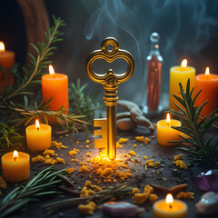 Mystical key illuminated by candles and herbs